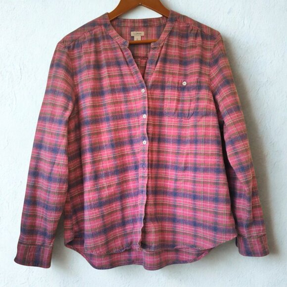 L.L.Bean Women Pink&Blue Plaid Flannel Shirt Collarless Neckline Preppy Western - Picture 2 of 14